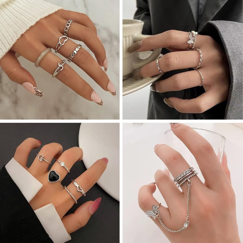 IFKM 36 PC Silver Plated Jewelry Set With 3 Necklace, 12 Bracelet, 7 Ear Cuffs Earring, 14 Knuckle Rings For Women Girls Valentine Anniversary Birthday Friendship Gift - Image 5